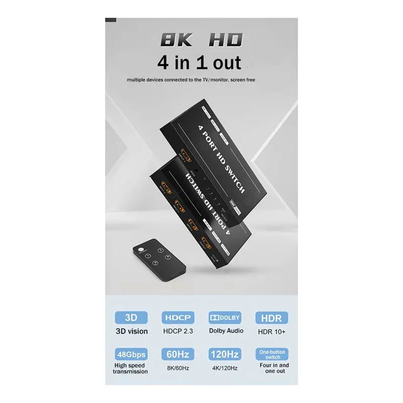 8K HDMI 2.1 Switch 4-In 1-Out | 48Gbps 60Hz PS5 Gaming Peaceful Pleasures Health and Wellness