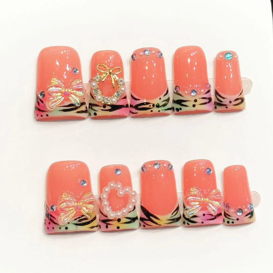 Duckbill Press On Nails – Orange Pink Gradient French Tip 10pcs Press On Nails Peaceful Pleasures Health and Wellness