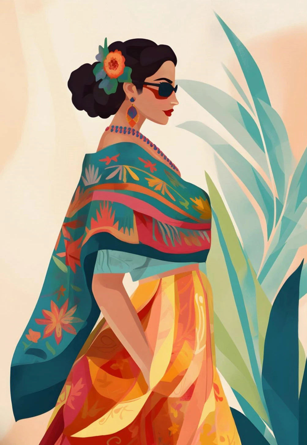 Latina Woman Floral Canvas Wall Art | Ethnic Maximalist Print