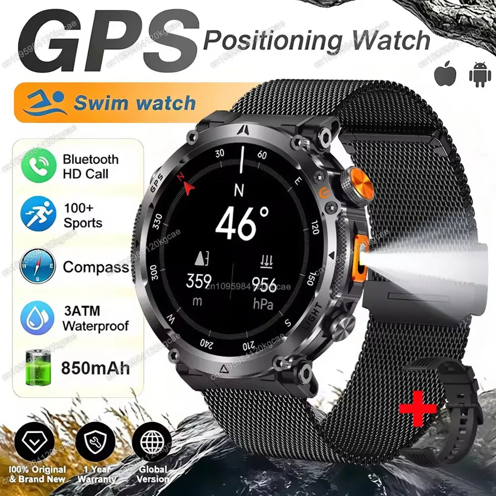 New Military Outdoor Smart Watch Men Dual-Frequency High-Precision Positioning Compass Sport IP68 Waterproof GPS Smartwatch Hw12 Peaceful Pleasures Health and Wellness Black Milan