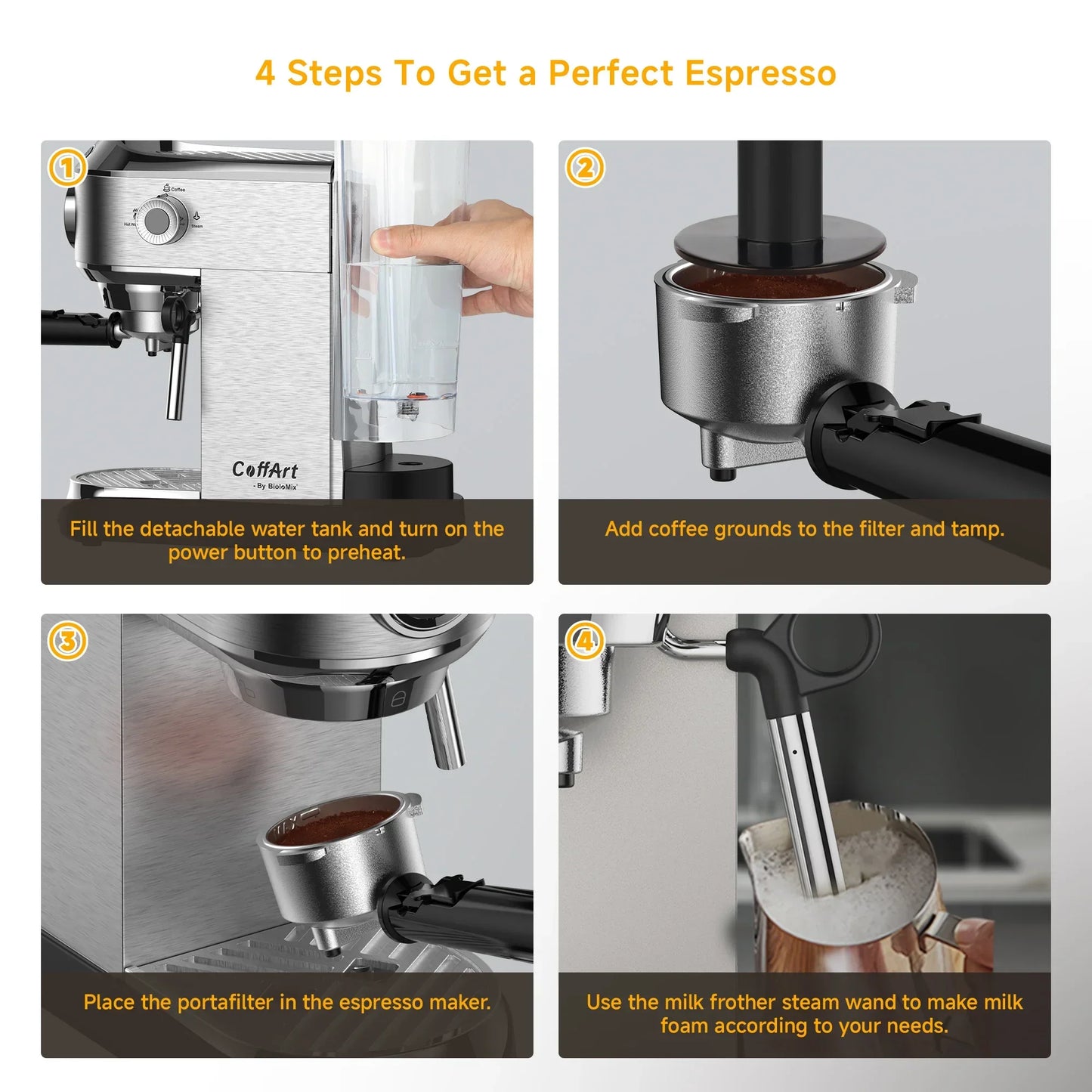 BioloMix 20 Bar Semi-Auto Espresso Machine with Steam Frother – 1350W Coffee Machine Peaceful Pleasures Health and Wellness