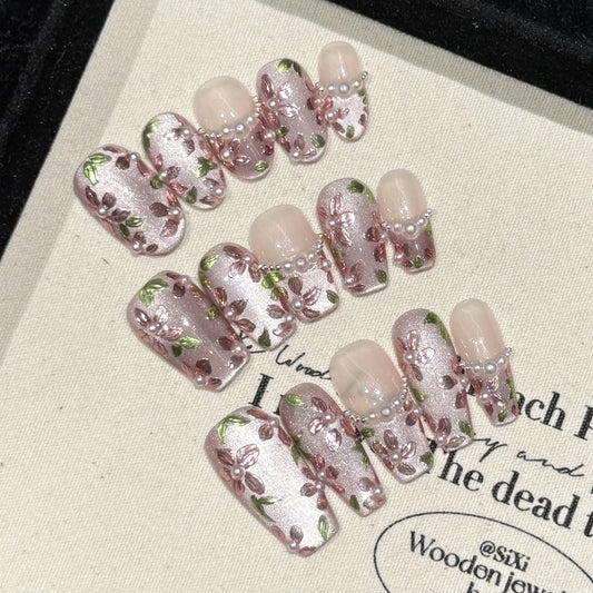 Handmade Cat Eye Press On Nails | Pearl Flower Korean Design Press On Nails Peaceful Pleasures Health and Wellness