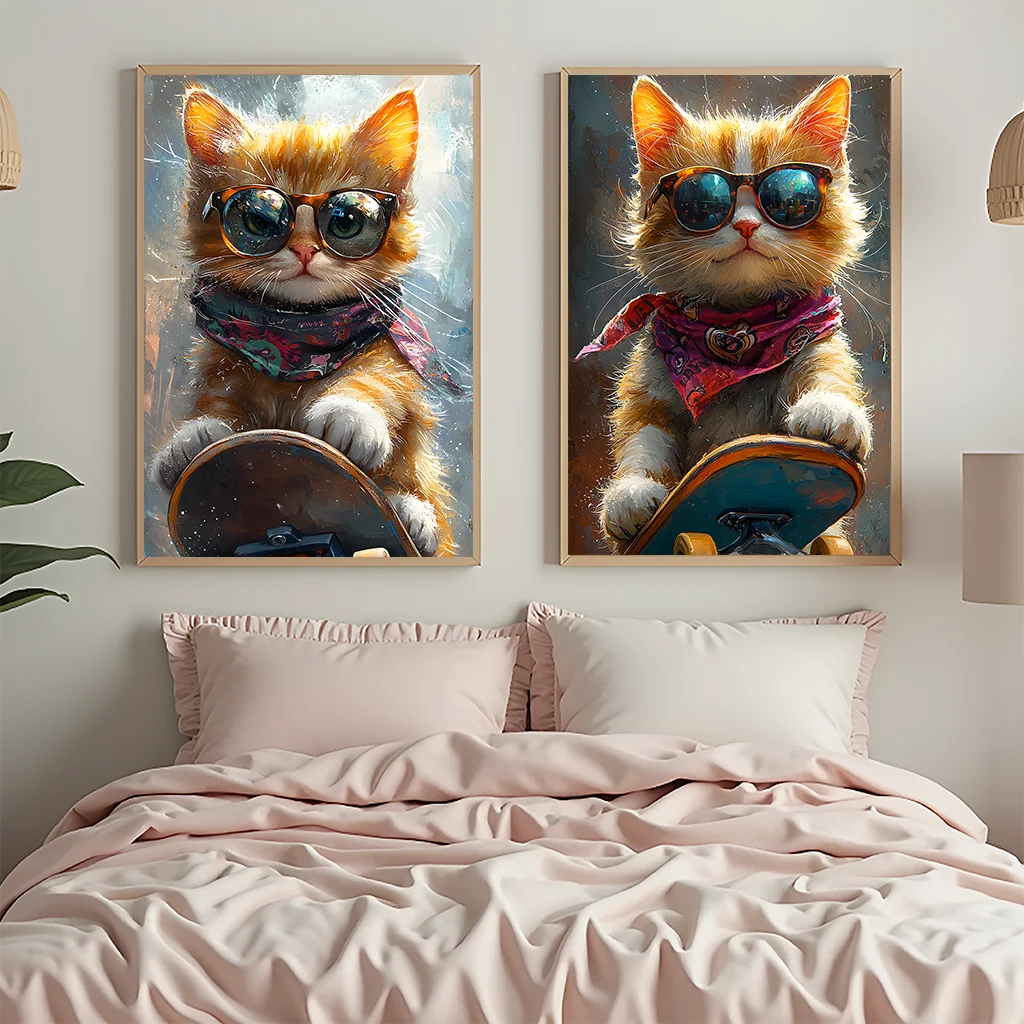 Animal Wall Art, Nordic Cool Skateboard Cat Street Style Canvas Painting, Trendy Poster Print for Bedroom Living Room Wall Decor Peaceful Pleasures Health and Wellness