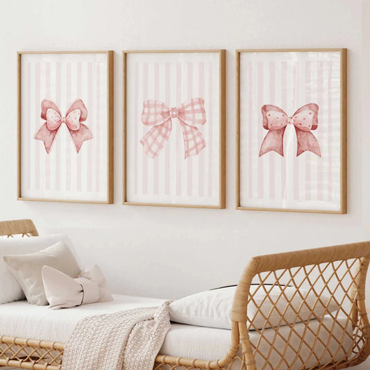 3-Piece Pink Bow Canvas Wall Art Print Set | Home Decor Canvas Wall Art Set Peaceful Pleasures Health and Wellness G4476-3pcs 21x30cm Metal Framed
