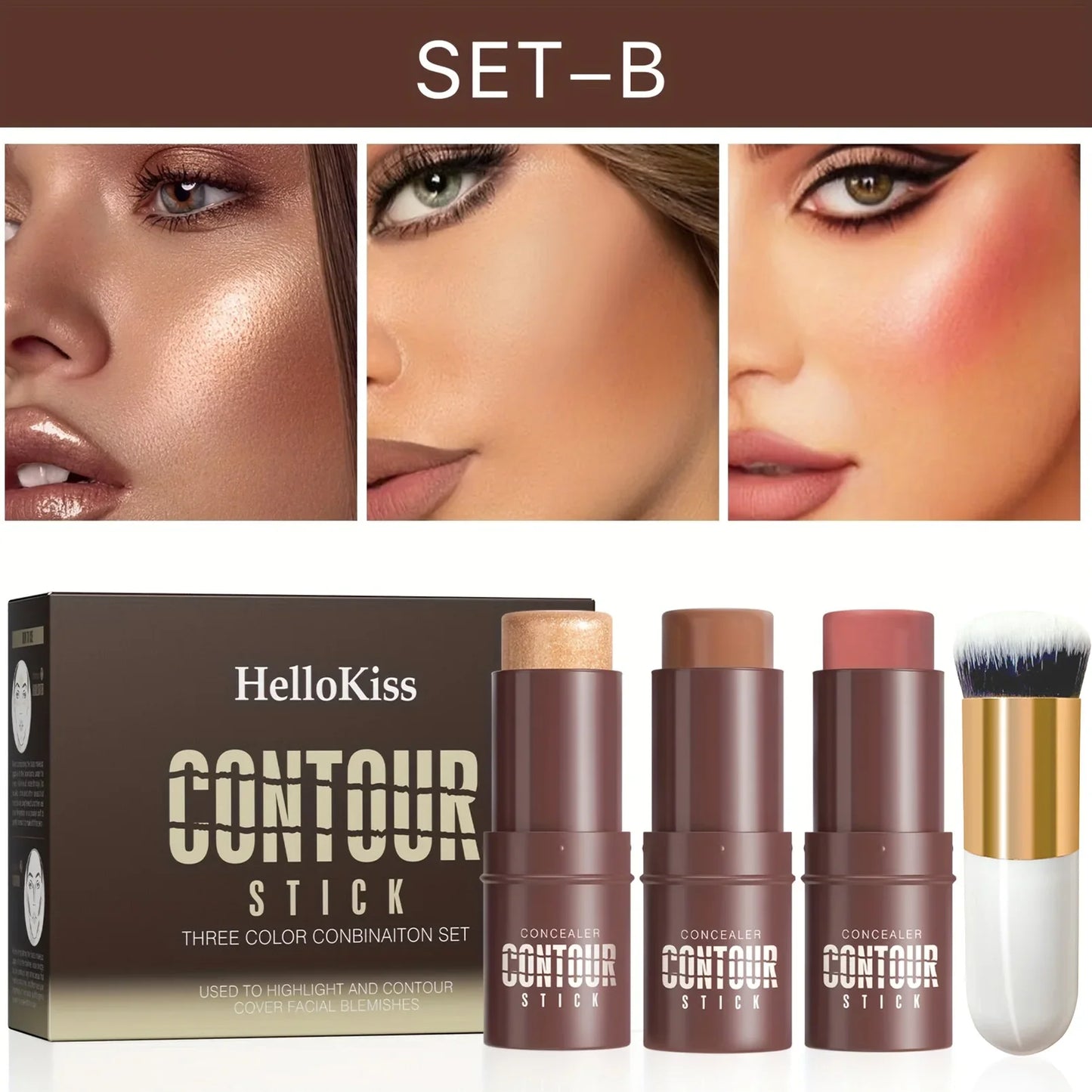 Hello Kiss 4-Piece Cream Contour Kit – Stick & Brush Set