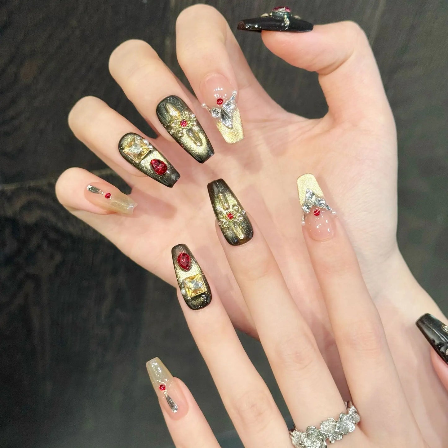 Handmade Burgundy Red Press On Nails – Glitter Cat Eye 10pcs