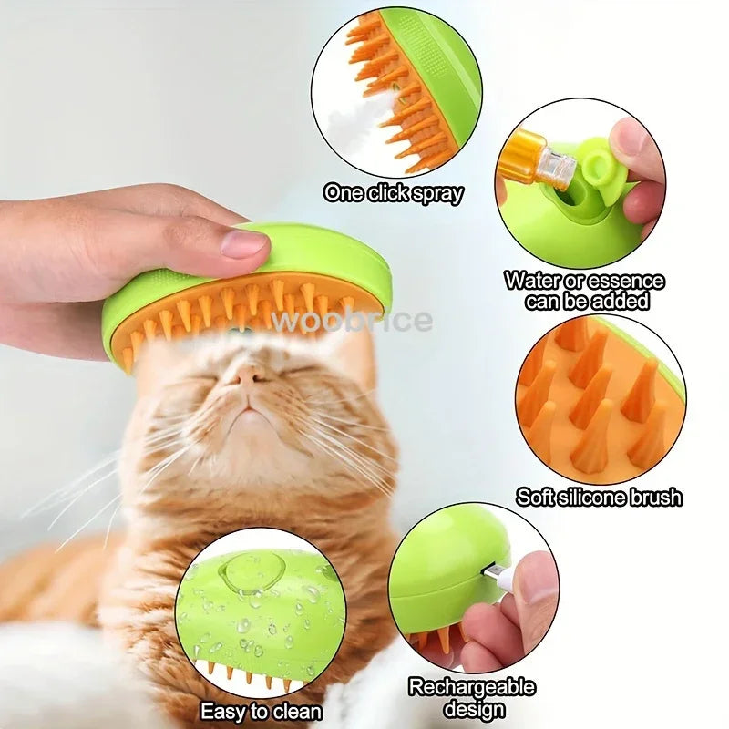 3-in-1 Electric Steam Pet Brush – Cat & Dog Grooming Comb