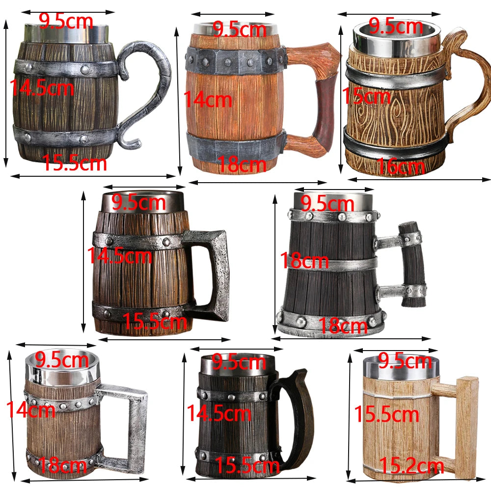 Wooden Barrel Beer Cup Stainless Steel Coffee Mug Viking Style Vintage Beer Mug Double Wall Drinking Cup Halloween Bar Drinkware Peaceful Pleasures Health and Wellness