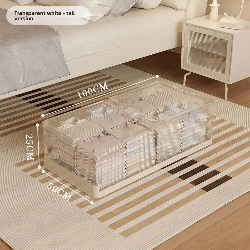 Under Bed Storage Box Foldable Plastic Transparent Extra Large with Wheels Dustproof Toy Clothes Blanket Organizer Peaceful Pleasures Health and Wellness Long L White