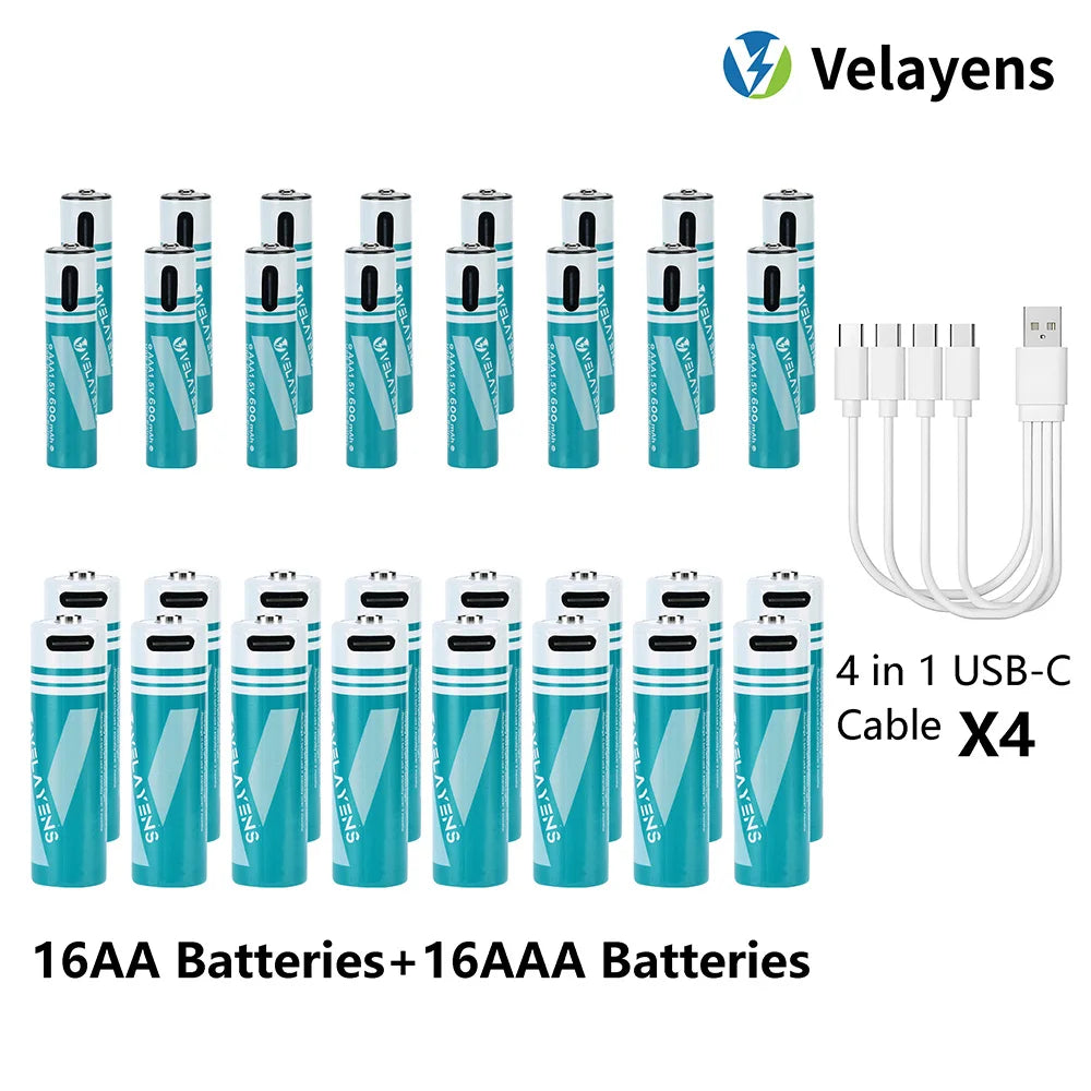 1.5V USB Rechargable Lithium Battery AA 2200mAh + AAA 600mAh Actual Capacity Fast Charging 2000+ Charge Cycles Peaceful Pleasures Health and Wellness 16AA 16AAA