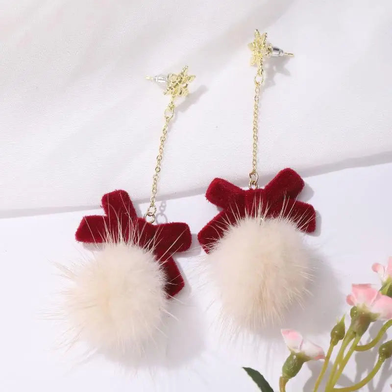 Pompom Bowknot Plush Drop Earrings | Christmas & New Year Gift