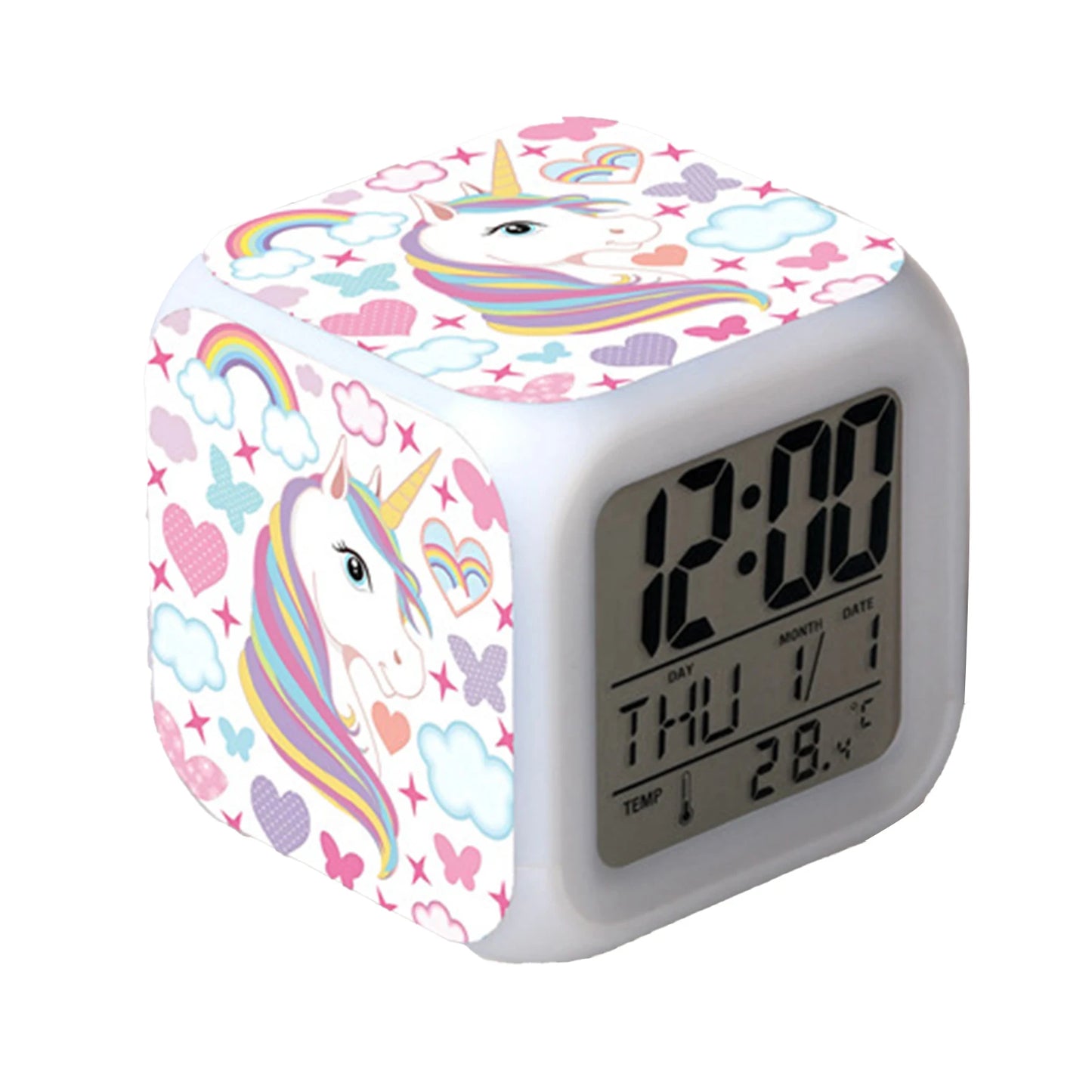 Kids Alarm Clock 7 in 1 LED Night Light with Wake Up Function Display Time Date Temperature USB Powered Color Changing Lamp Peaceful Pleasures Health and Wellness A