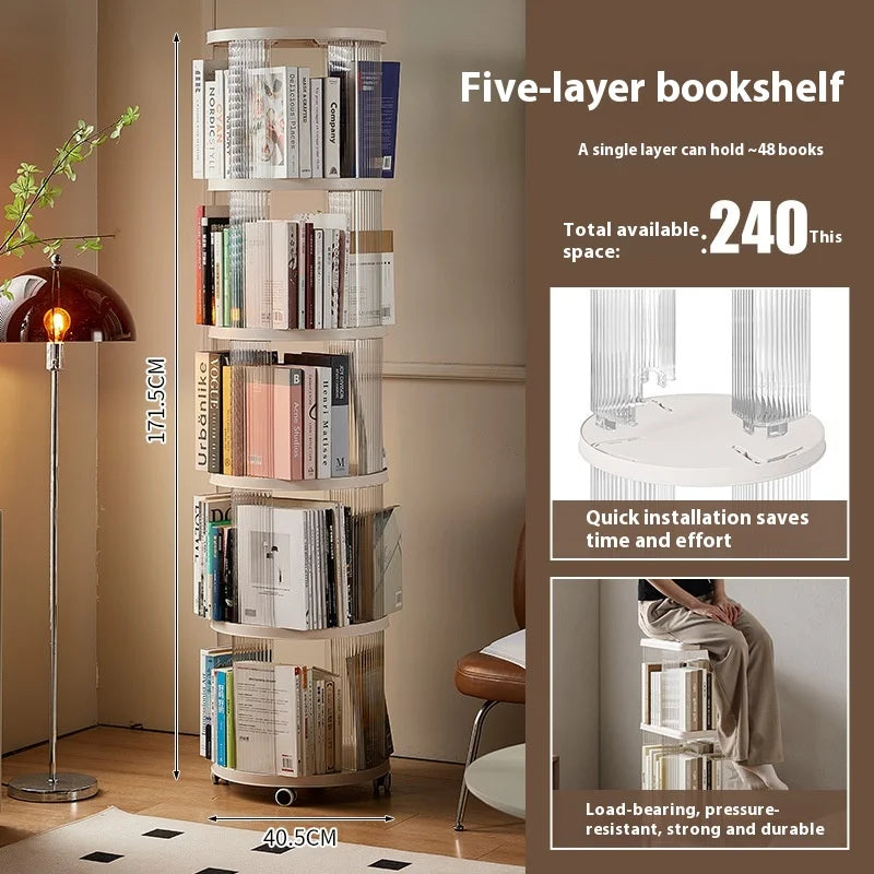 360° Rotating Bookshelf for Kids - Spacious Floor Standing Bookcase with Multi-Layer Storage for Living Room & Nursery Peaceful Pleasures Health and Wellness Round Caster 5 Layer
