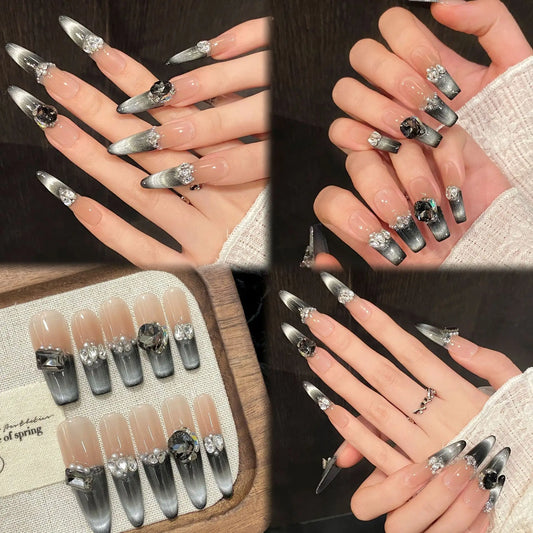 Black Cat Eye Press On Nails – Glitter Crystal Long Nail Tips Press On Nails Peaceful Pleasures Health and Wellness