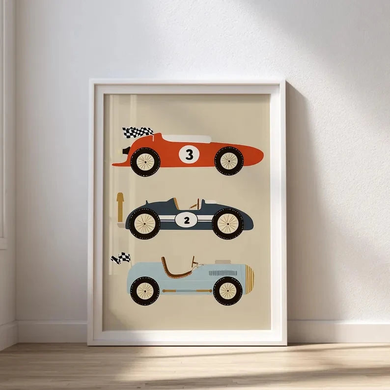 Cartoon Retro Racing Cars Canvas Wall Art | Kids Room Decor