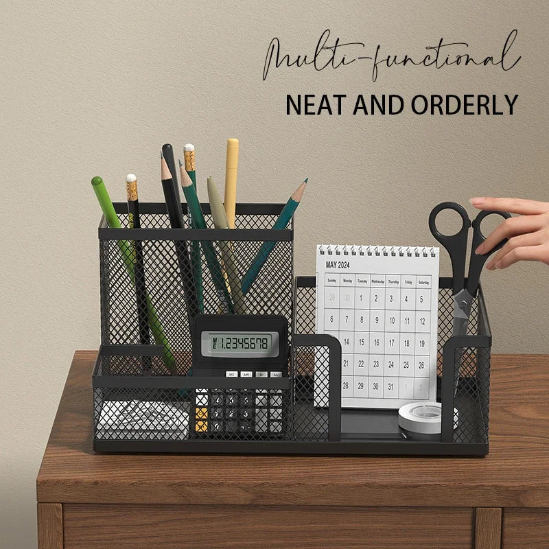 Black Mesh Desk Organizer – 3-Compartment Caddy & Pen Holder