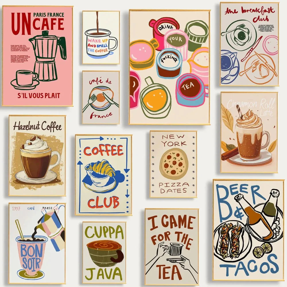 Coffee Shop Afternoon Tea Croissant Colorful Coffee Cup Retro Poster Canvas Paintings Wall Art Pictures Cafe Kitchen Home Decor Peaceful Pleasures Health and Wellness
