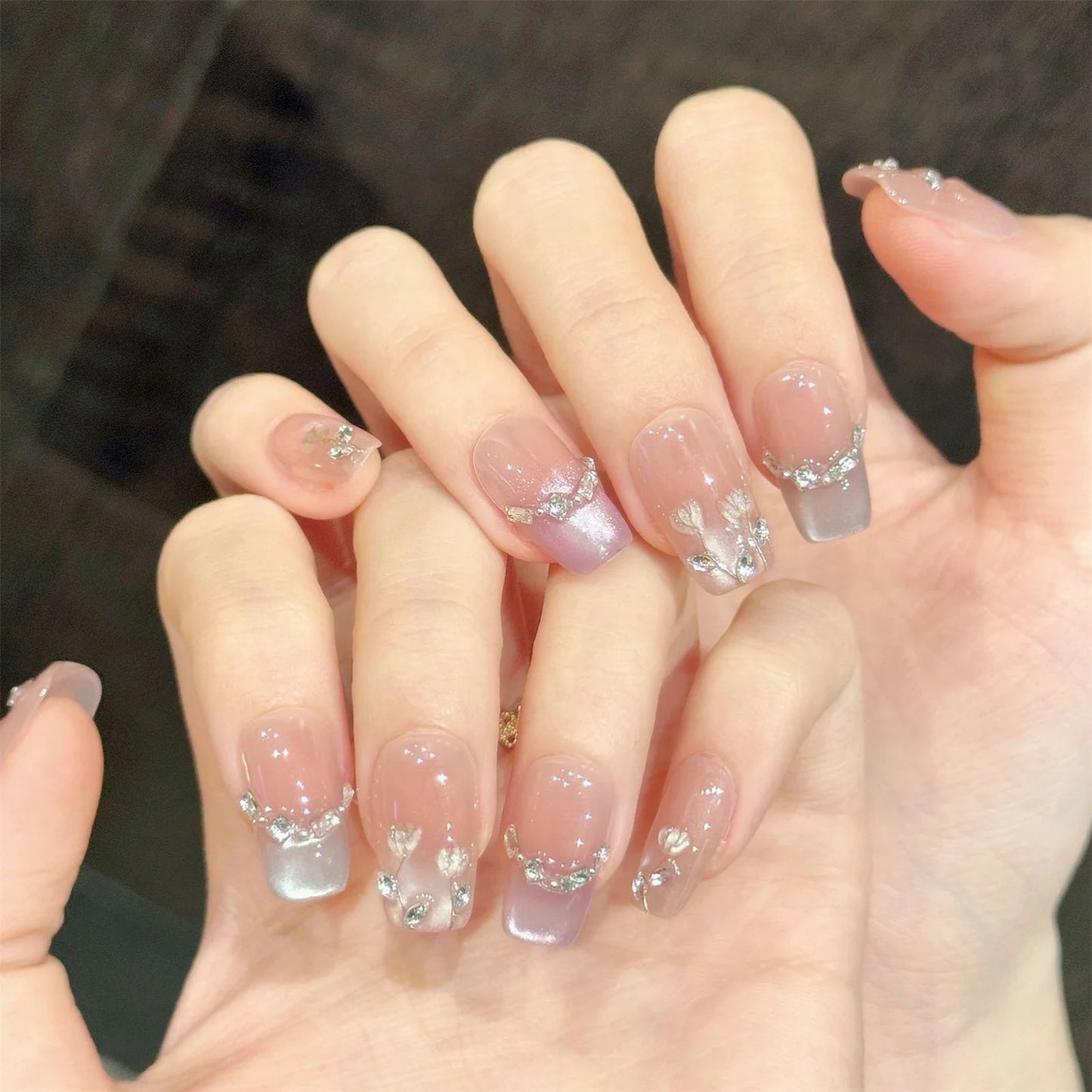 Handmade Press-On Nails Pink Gradient Cat Eye Coffin 10pcs