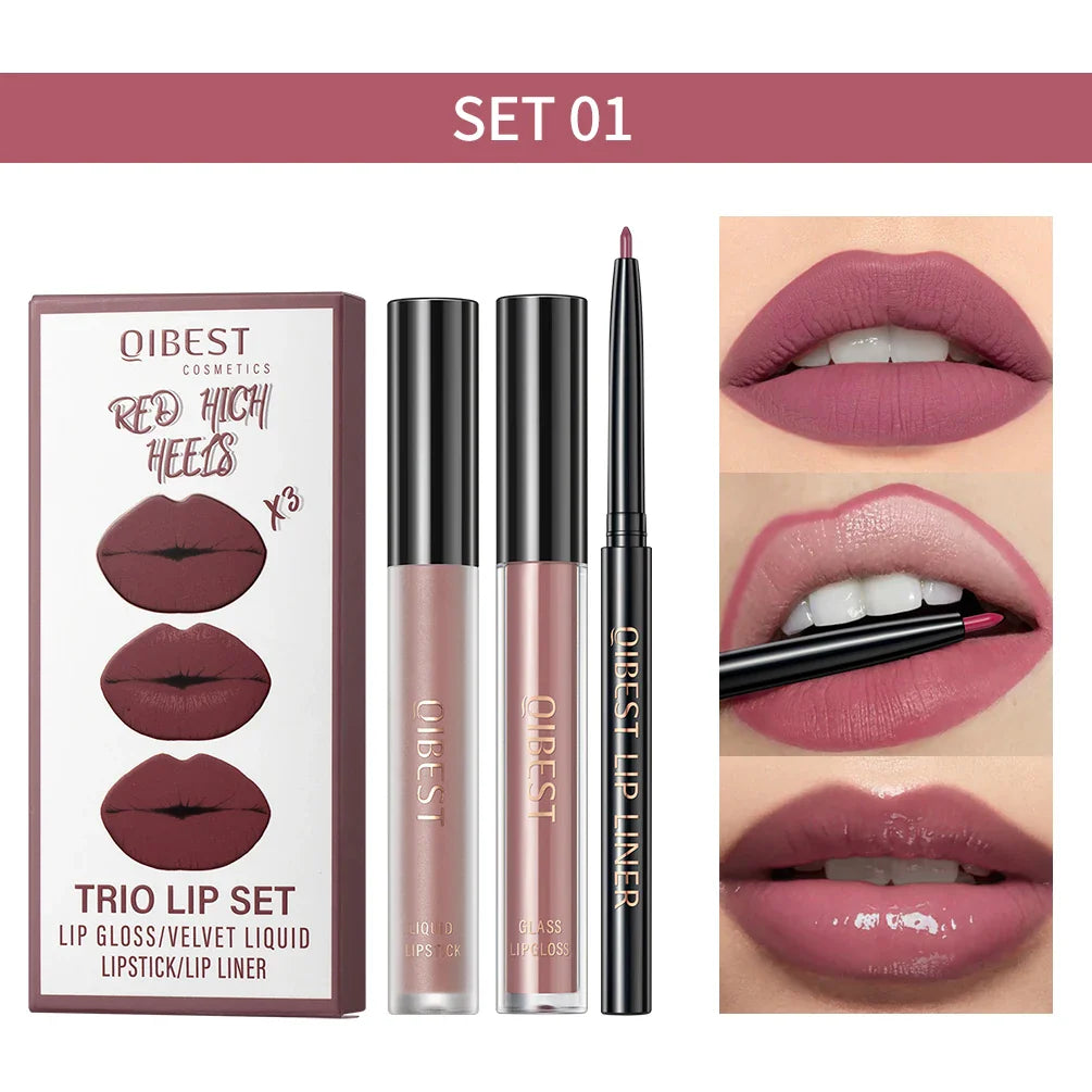 QIBEST 3-in-1 Matte Lipstick, Lip Liner & Gloss Set