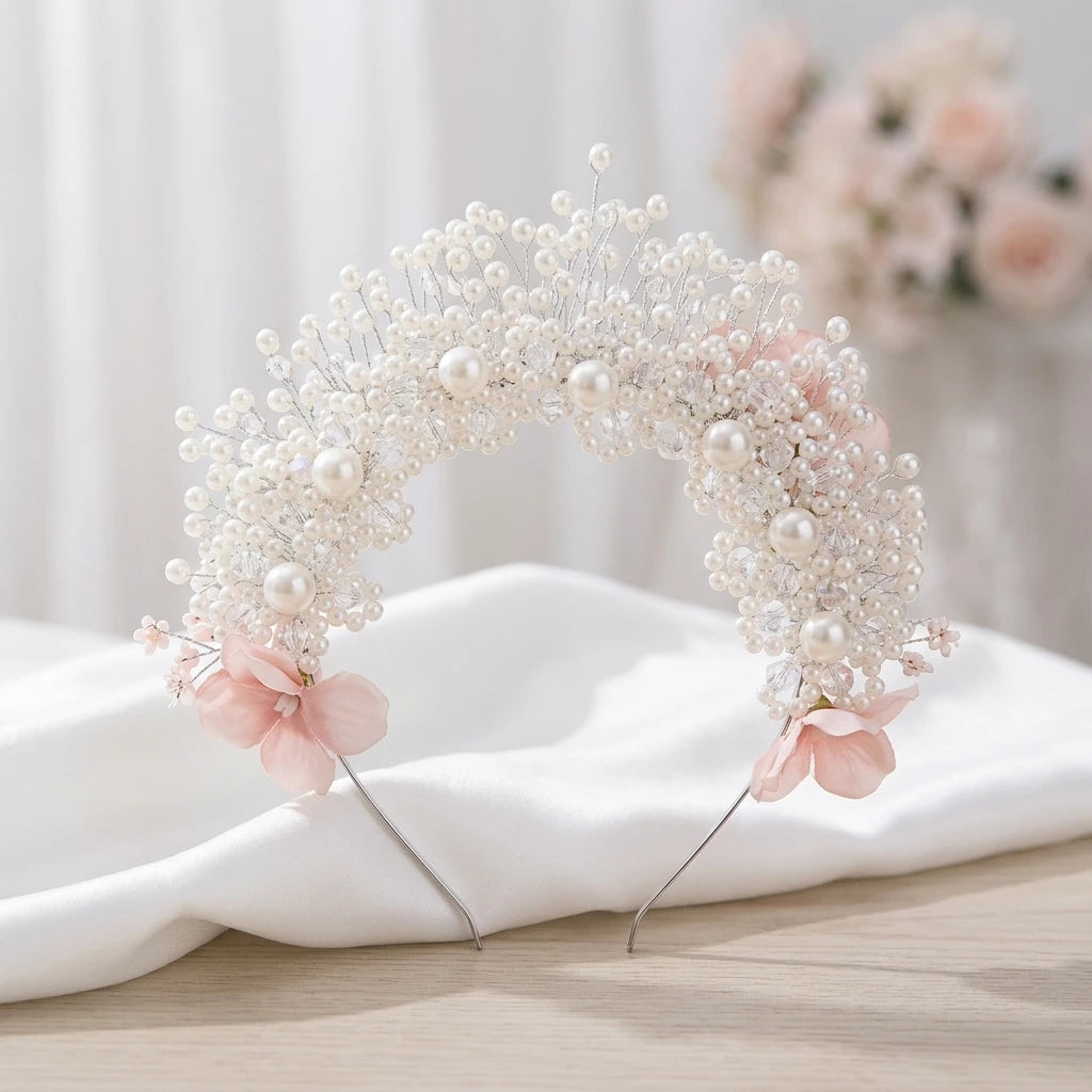Bridal Pearl Hairband with Korean Style Pink Flower Wedding Accessory for Elegant Ceremony Look Peaceful Pleasures Health and Wellness