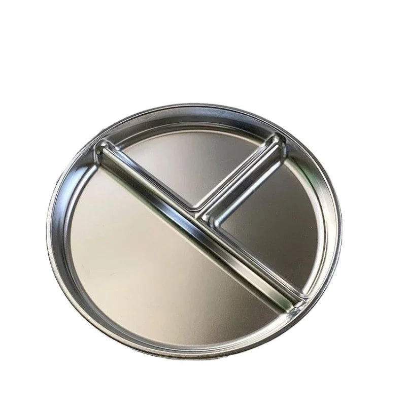 23CM Creative Round Stainless Steel 3 Grid Durable Dinner Plate Serving Tray For Kids Student Quantitative Proportion Meal Plate Peaceful Pleasures Health and Wellness silvery