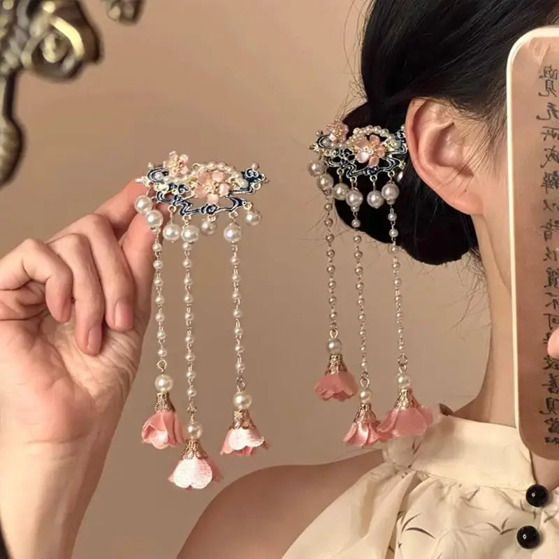Vintage Pearl Tassel Hair Clip – Enamel Flower Hanfu Hair Pin
