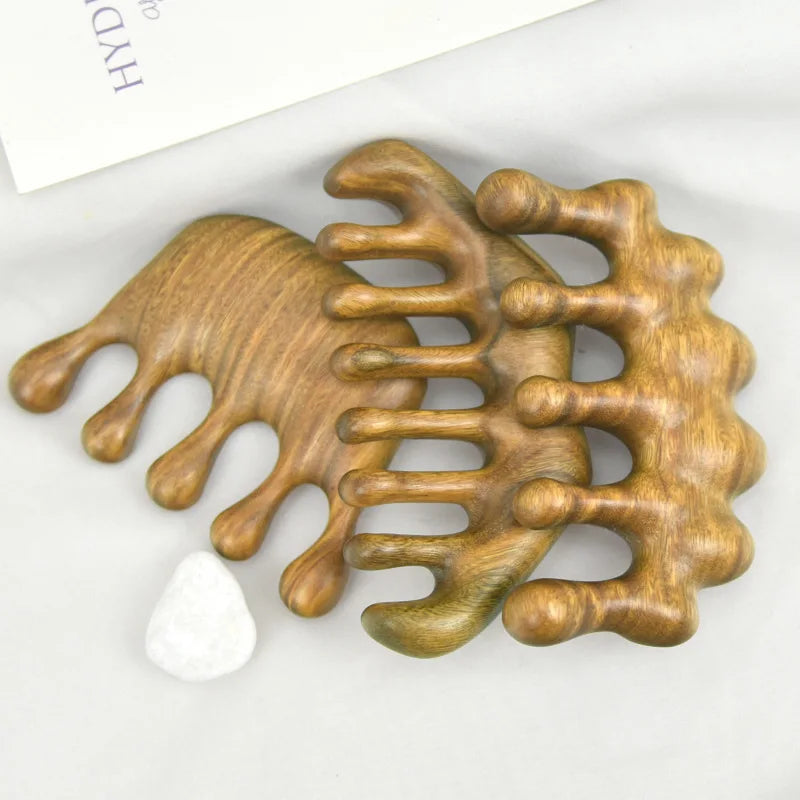 Green Sandalwood Wide Tooth Comb Head Meridian Massage Comb Acupuncture Therapy Blood Circulation Anti-static Smooth Hair Peaceful Pleasures Health and Wellness
