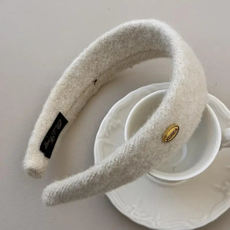 Korean Fuzzy Headband – Soft Plush Hairband with Gold Logo