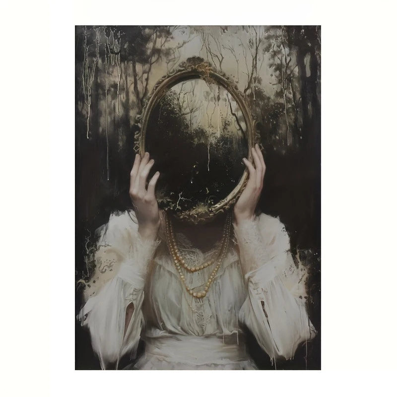 Mysterious Gothic Witchcraft Aesthetics Mirror Forest Women Wearing Veils Art Poster Canvas Bedroom Living Room Wall Decoration Peaceful Pleasures Health and Wellness ZLH5040 70x100cm No Frame