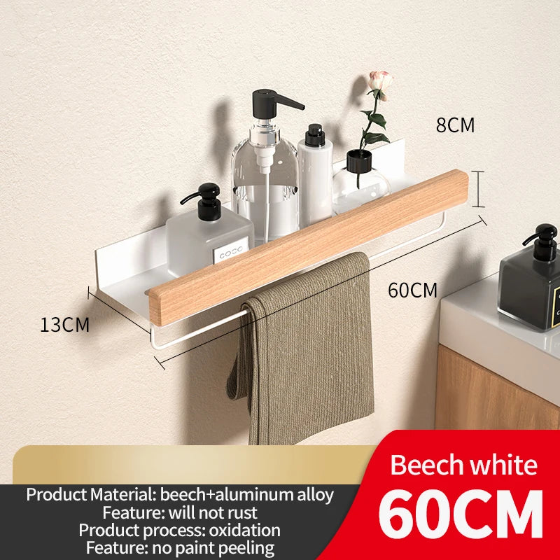 Wood & Aluminum Corner Shower Shelf | Wall-Mounted Organizer Corner Shower Shelf Peaceful Pleasures Health and Wellness wood white 60cm bar