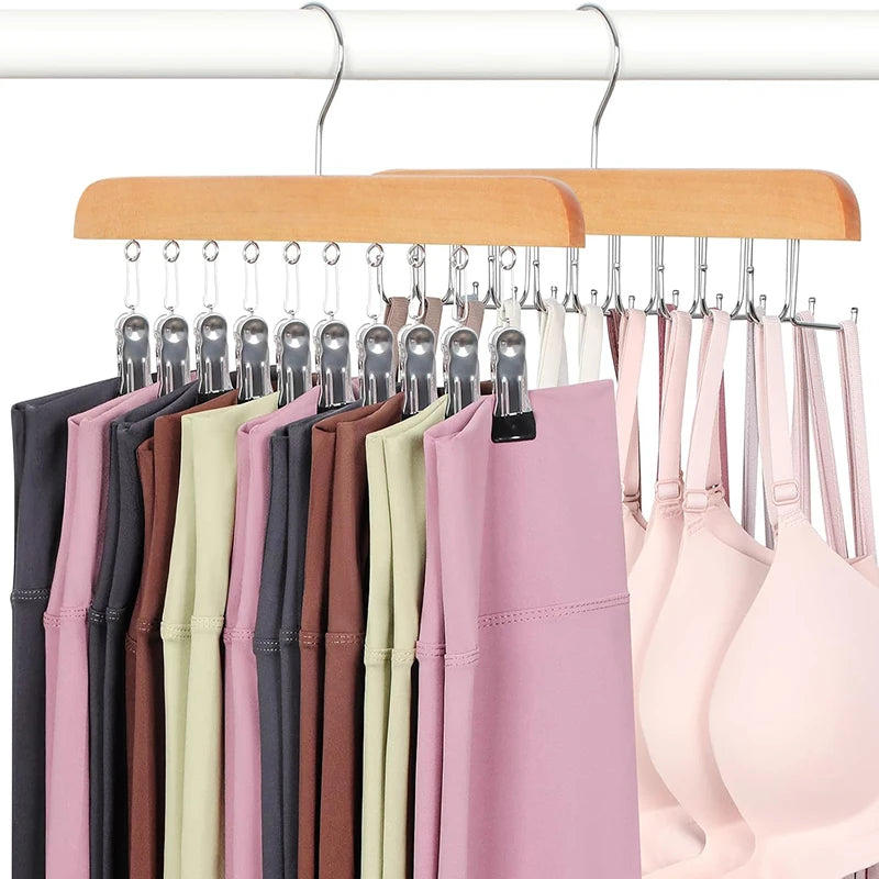 Bamboo Legging Hanger Organizer with 10 Clips – Space-Saving Closet Hanger for Pants & Scarves