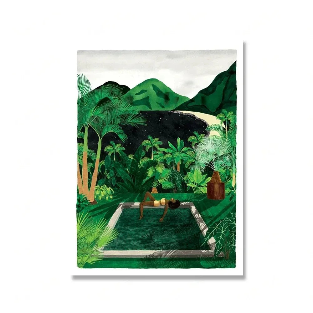 (1pc frameless)Green Botanical Porch Summer Shower Waterfall Wall Art Canvas Painting Nordic Poster Print Picture For Living Peaceful Pleasures Health and Wellness 5 40x50cm Unframed