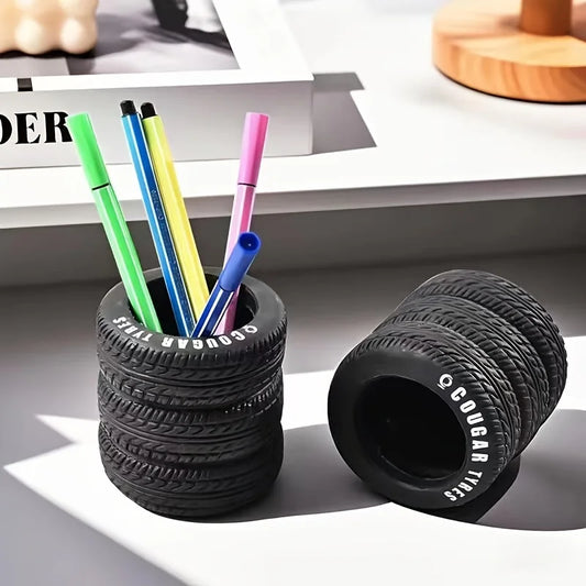 1-Pack Fun Tire-Shaped Pen Holder - Durable Black Pvc Desk Organizer with Letters, Suitable for School and Office, Great Holiday Gift, New Year Present Peaceful Pleasures Health and Wellness 1Pcs