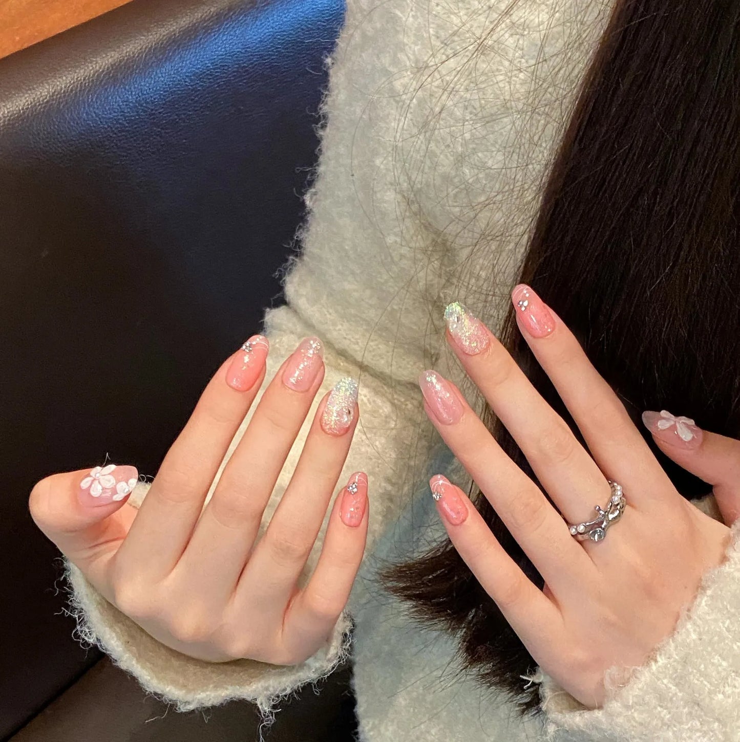 Handmade Pink Rose Press-On Nails | Short Round False Nails