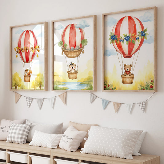 Watercolor Hot Air Balloon Animals Canvas Wall Art | Kids Room Canvas Wall Art Print Peaceful Pleasures Health and Wellness
