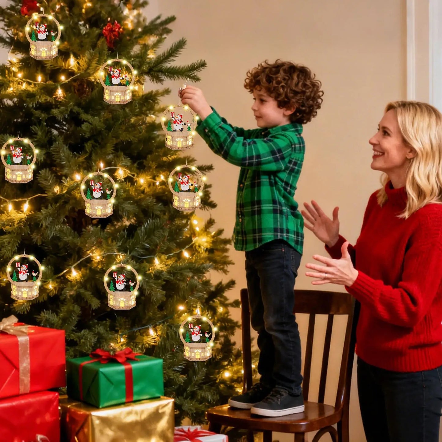 LED Light-Up Wooden Christmas Ornament | Holiday Tabletop Decor