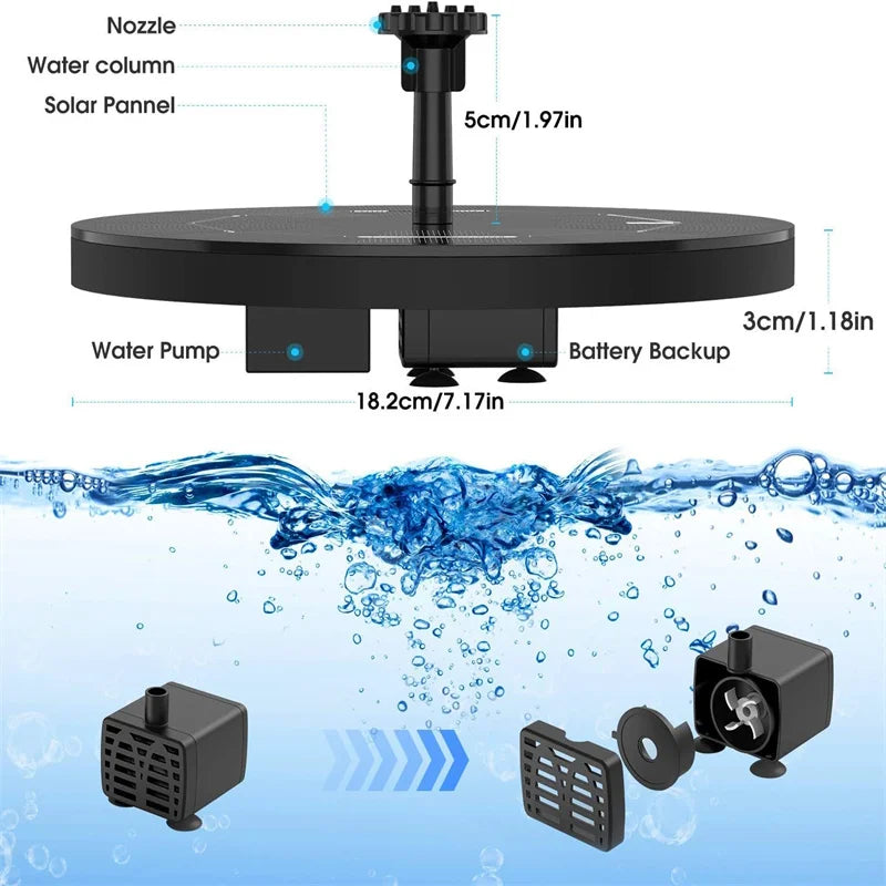 Solar Floating Fountain Pump – 2.5W, 6 Nozzles, Bird Bath & Pond