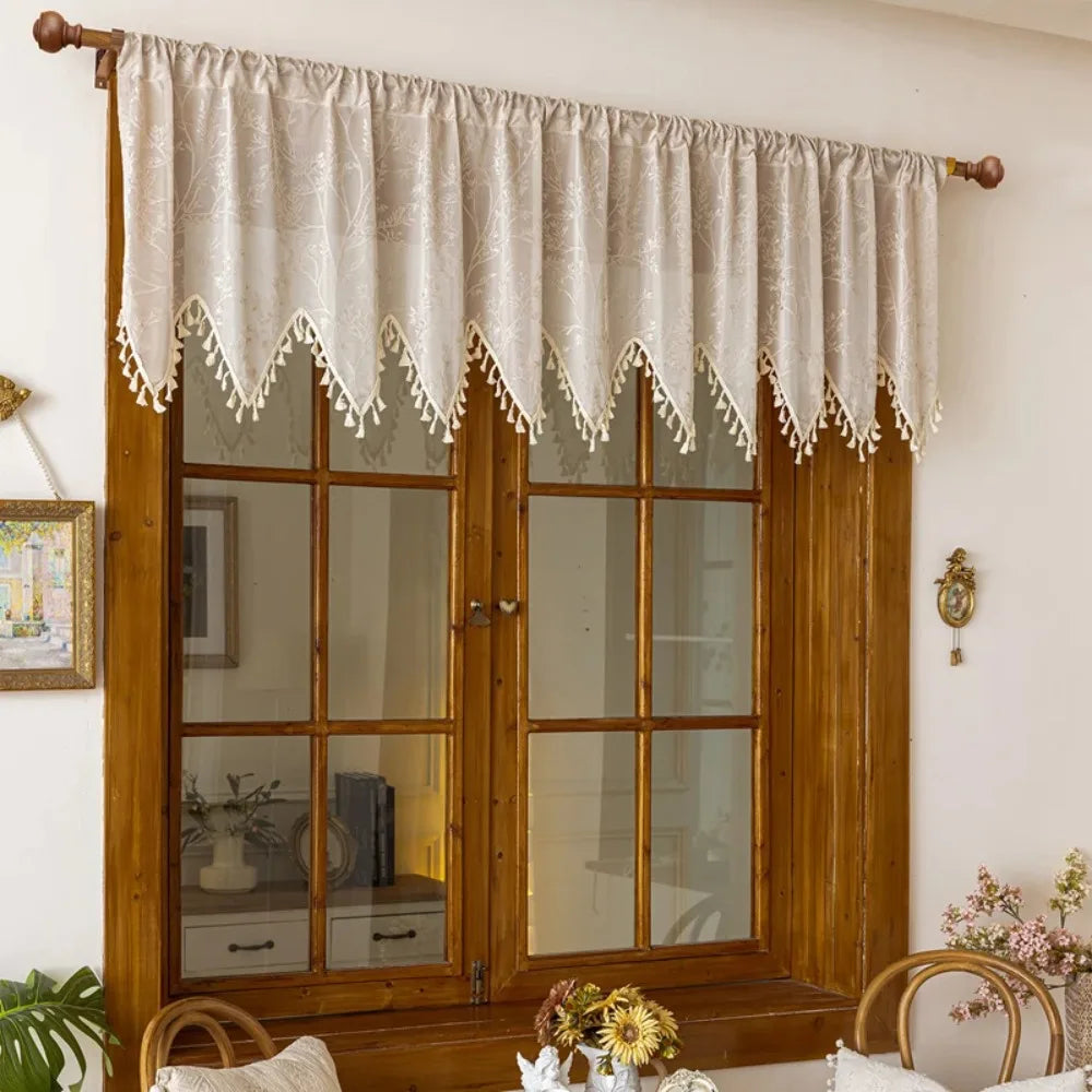 Rustic Short Tulle Window Curtain | Lace Fringe Trim