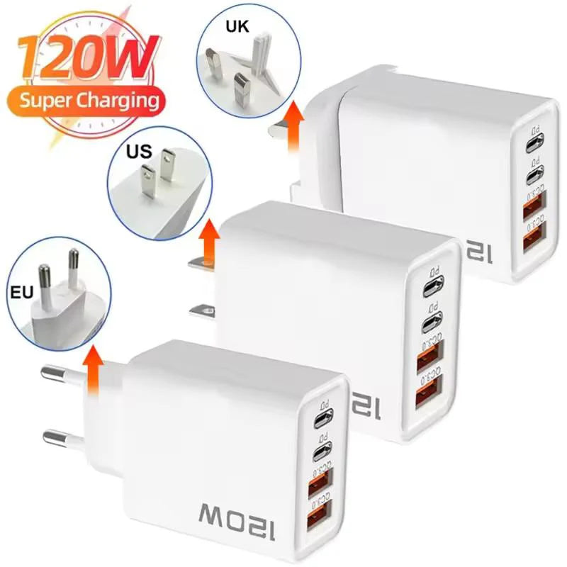 120W 4-Port USB-C Fast Charger | PD Quick Charge 3.0