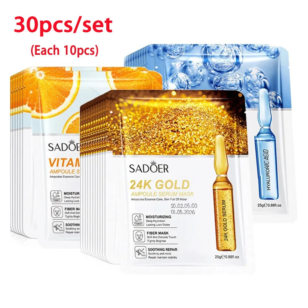 30/15pcs SADOER 24K Gold Vitamin C Hyaluronic Acid Facial Masks Face Moisturizing Firming Hydrating Face Mask Facial Skin Care Peaceful Pleasures Health and Wellness Mixed 30pcs
