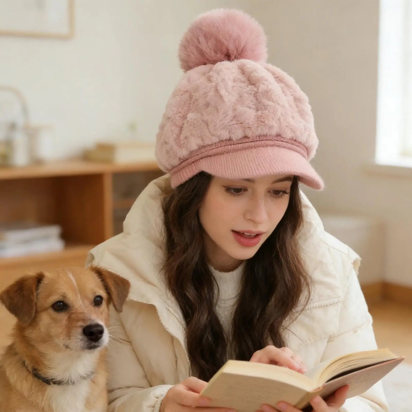 Women's Pom-Pom Fleece Beanie Hat with Brim | Winter Warm