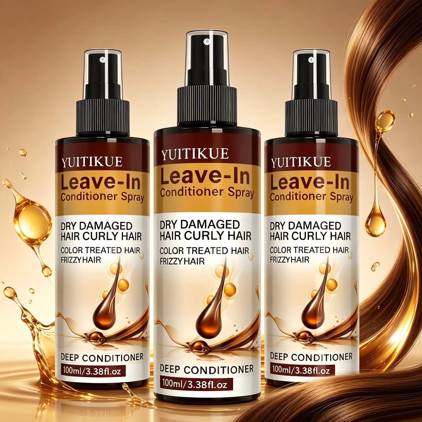 YUITIKUE Leave-In Conditioner Spray 100ml Deep Conditioner for Dry Damaged Curly Color Treated Frizzy Hair Peaceful Pleasures Health and Wellness 3pc