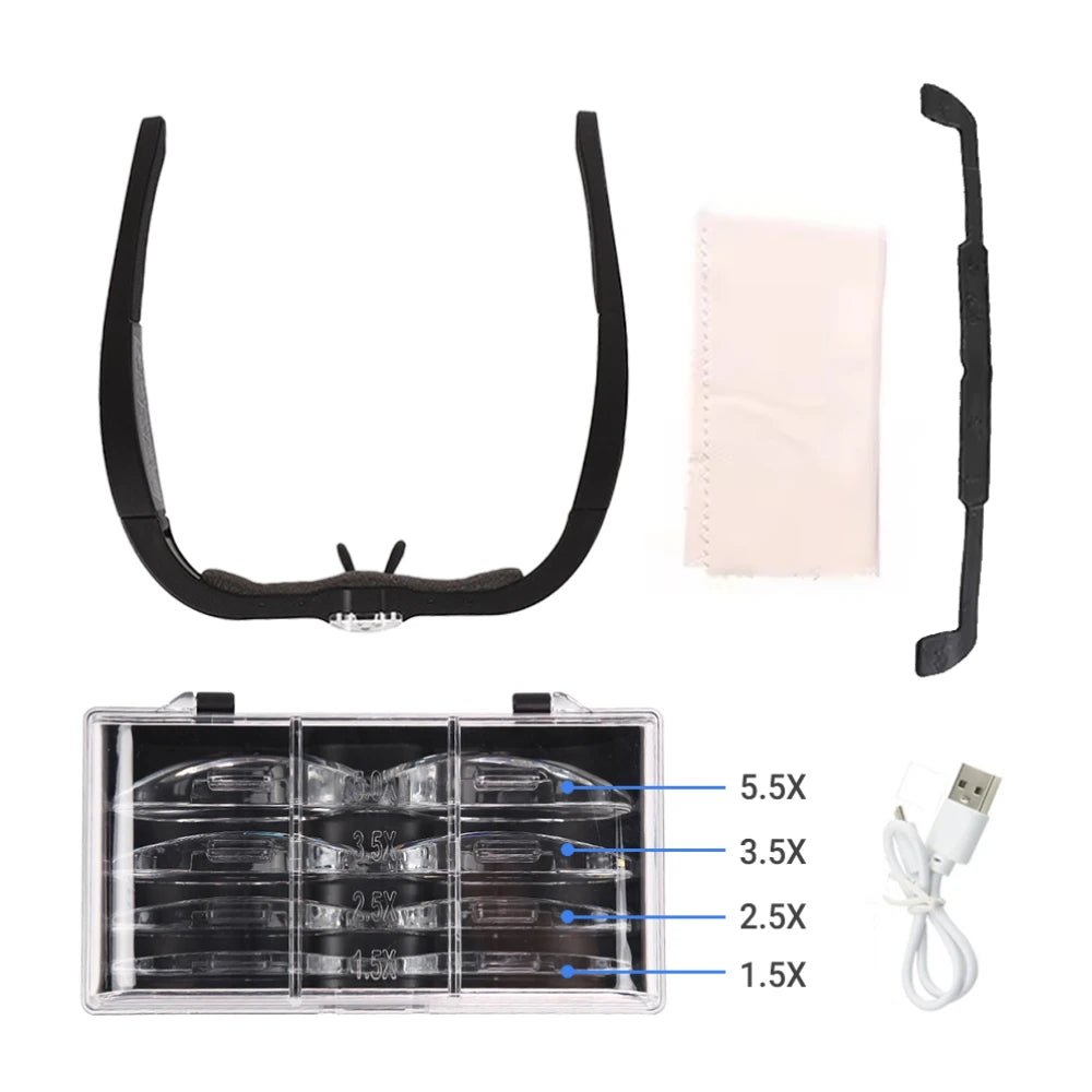 Adjustable Magnification Magnifying Glasses 1.5X-5.0X with USB Rechargeable LED Light - Head Mounted Eyewear for Precision Tasks Peaceful Pleasures Health and Wellness T054