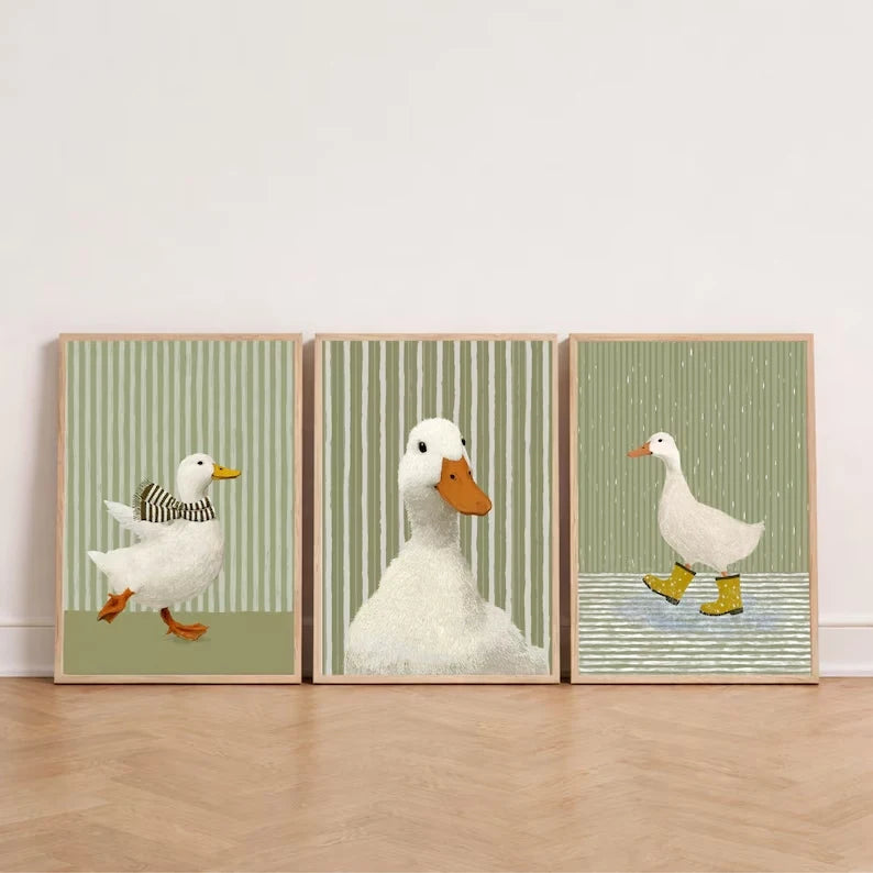 3-Piece Sage Green Duck Canvas Wall Art | Striped Poster Set
