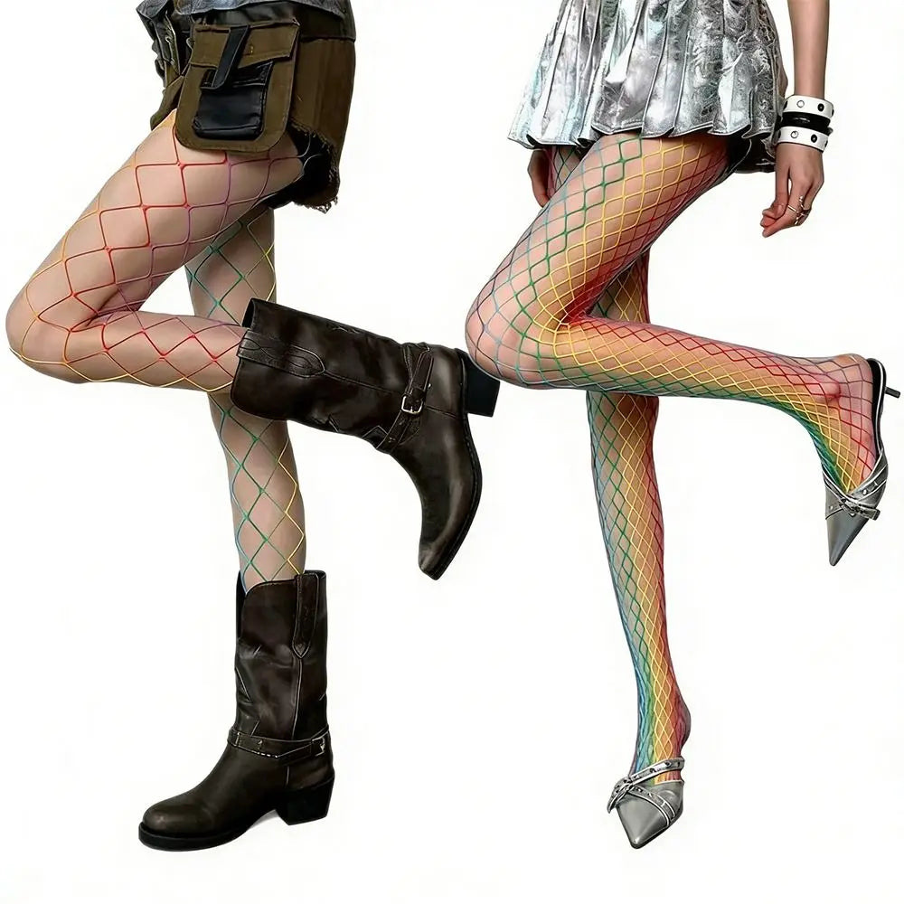 Y2K Rainbow Fishnet Stockings – Gradient Mesh High Waist Tights