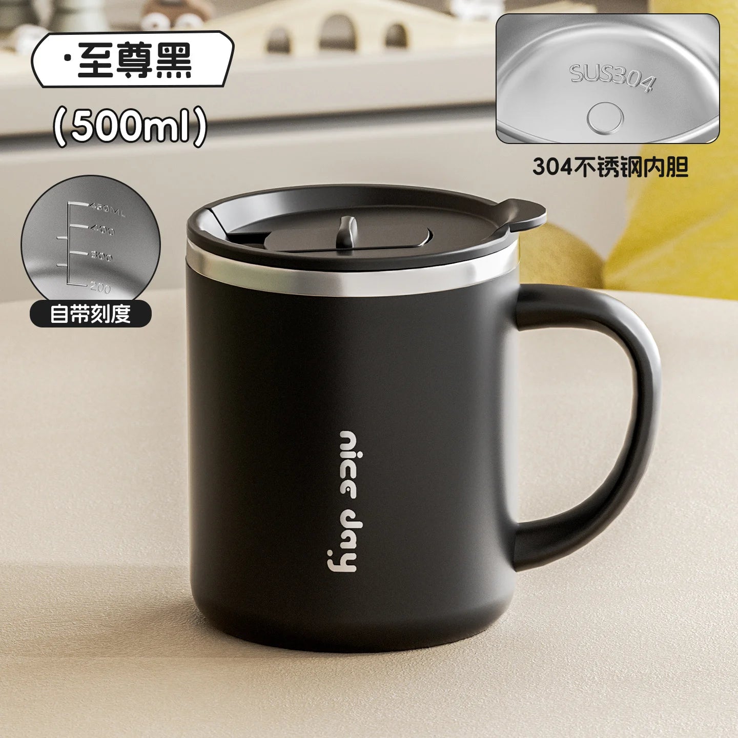 500ML Insulated Stainless Steel Travel Coffee Mug with Handle – Leakproof Tumbler for Office & Outdoors Peaceful Pleasures Health and Wellness Black 500ML