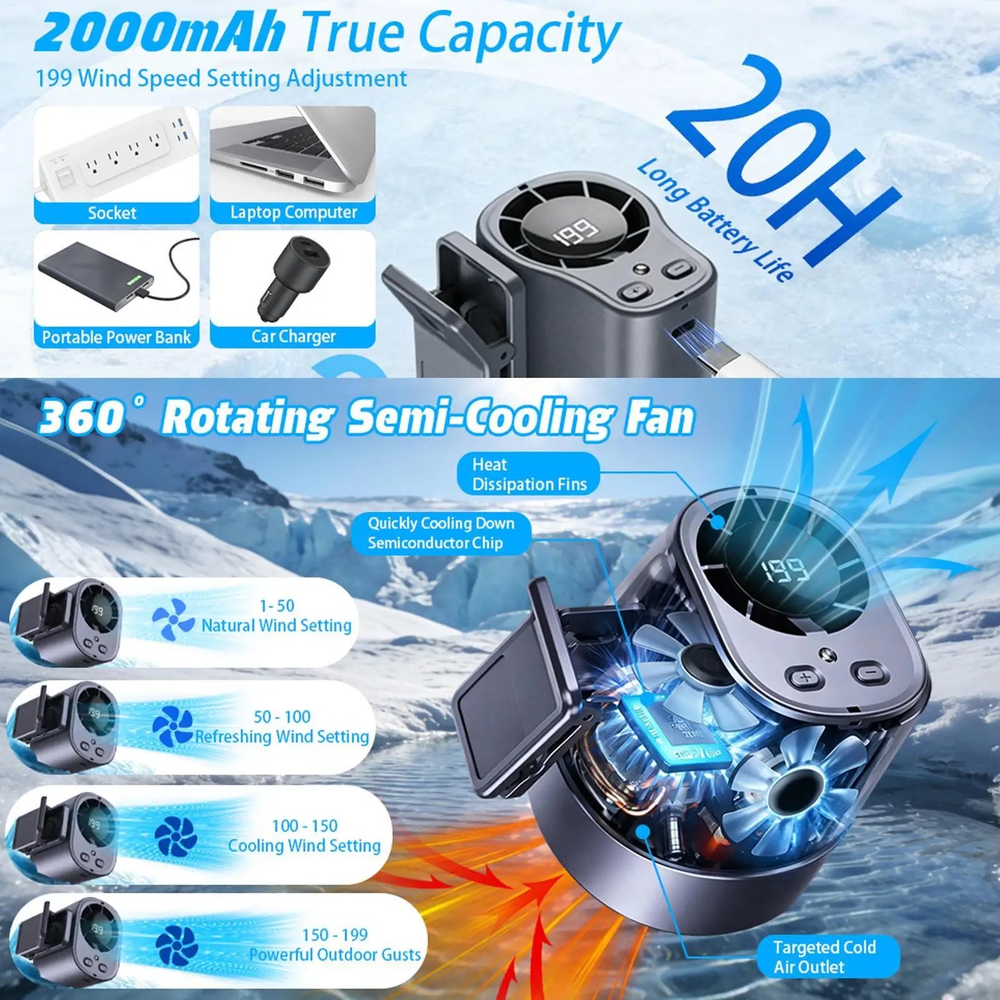 Clip On Car Fan Low Noise Cooling Fan With LED Display Portable Mini Clip Fan for Camping Fishing Travel Outdoor Use Peaceful Pleasures Health and Wellness