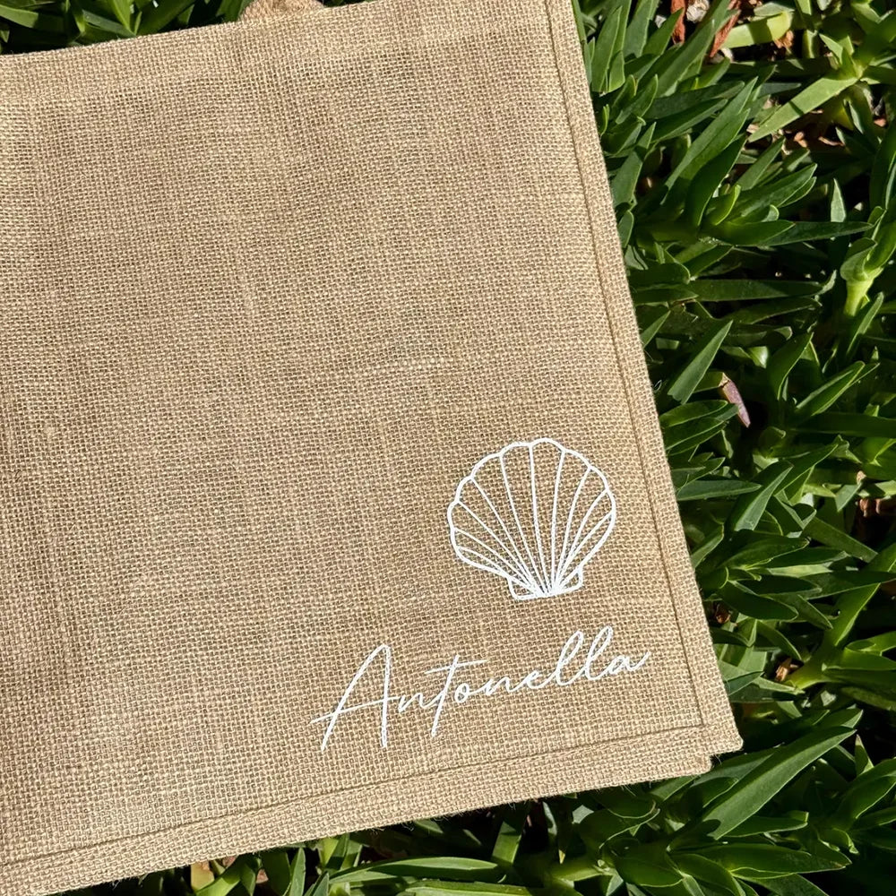 Custom Seashell Burlap Bridesmaid Tote | Beach Wedding Bag