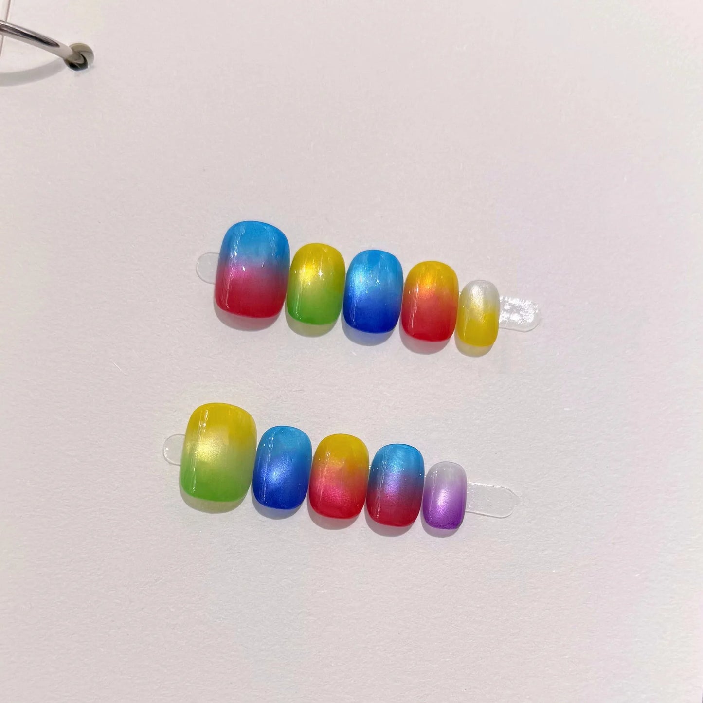 10pcs Handmade Press on Nails Rainbow Glass Beads Cat's Eye Fake Nails Wearable Detachable Cute Candy Color False Nails Short Peaceful Pleasures Health and Wellness