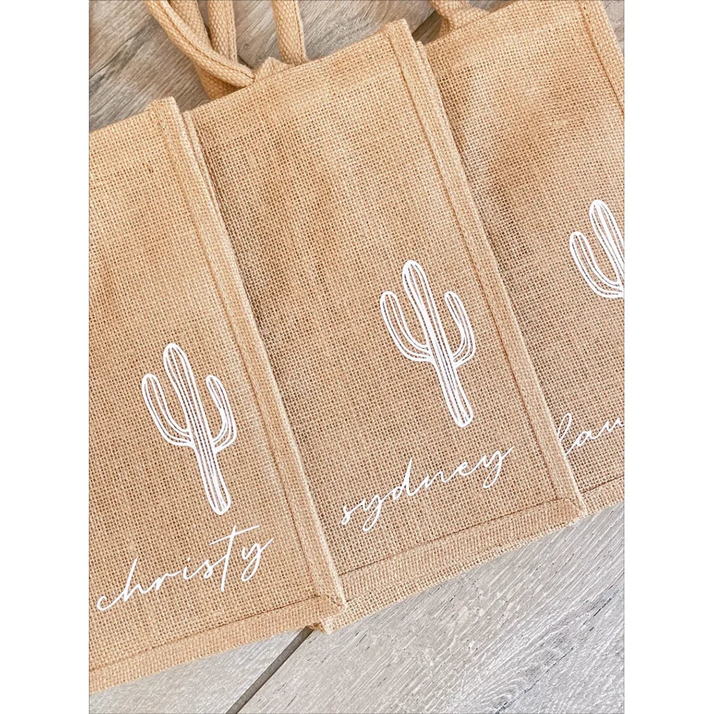 Custom Cactus Burlap Beach Tote Bag | Bridesmaid Bachelorette Gift
